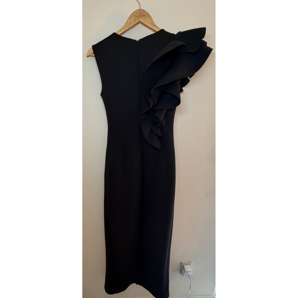 Betsy & Adam Black Scuba Ruffle Shoulder Maxi Dress Side Slit Size 2 Formal Gown - Picture 7 of 9